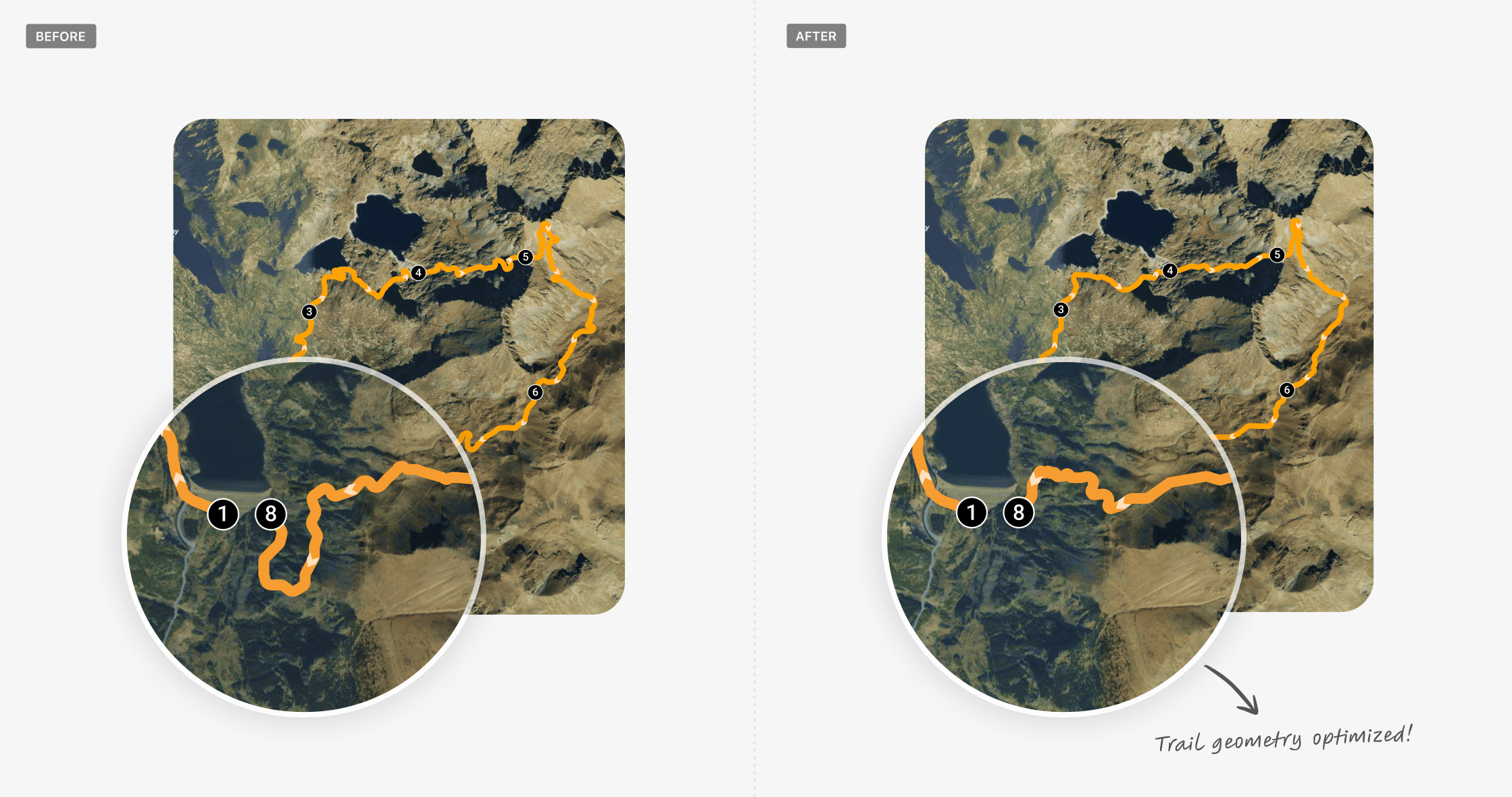 Comparison of Route Planner results before and after routing-engine improvements