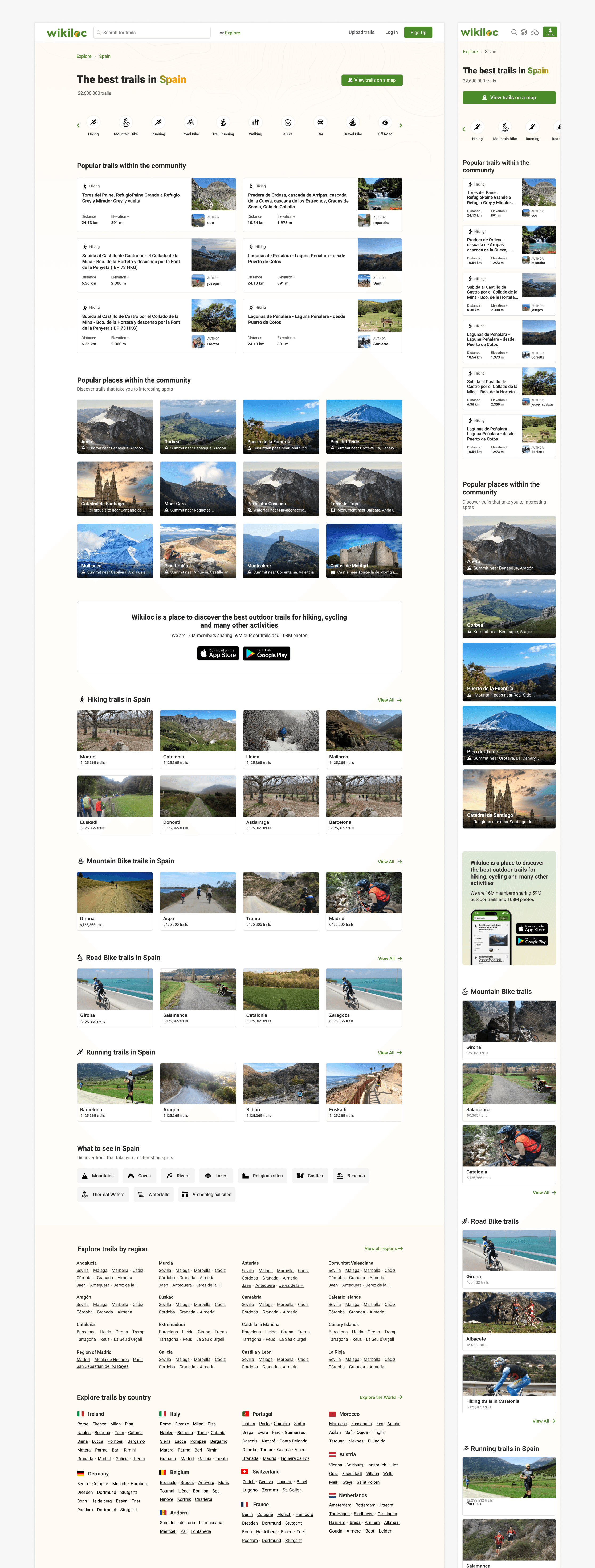 Final design of the exploration landing for Spain, showing popular trails and places within the community