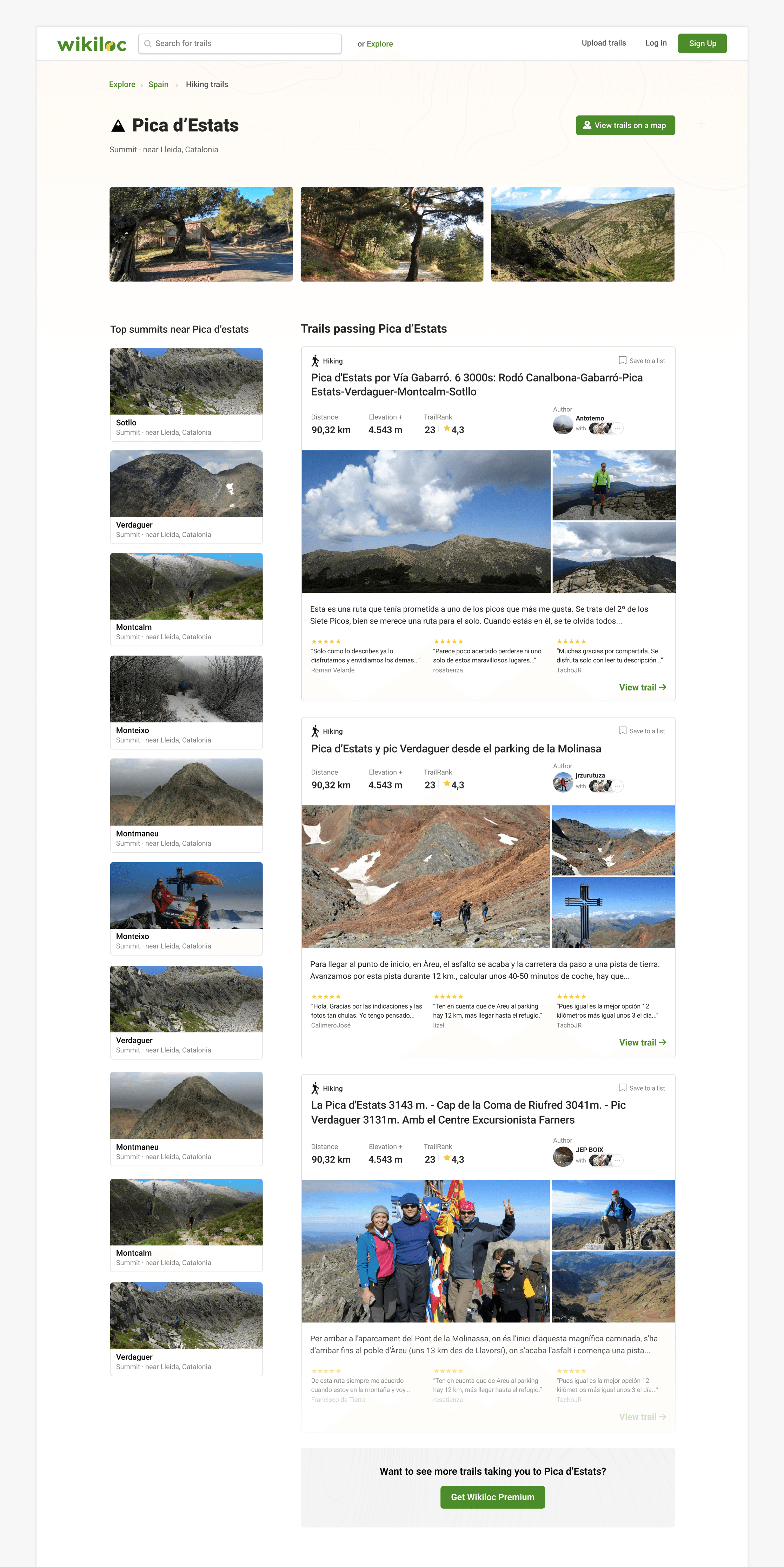 Final design of the Pica d'Estats POI landing page, showing nearby summits and trails passing through it